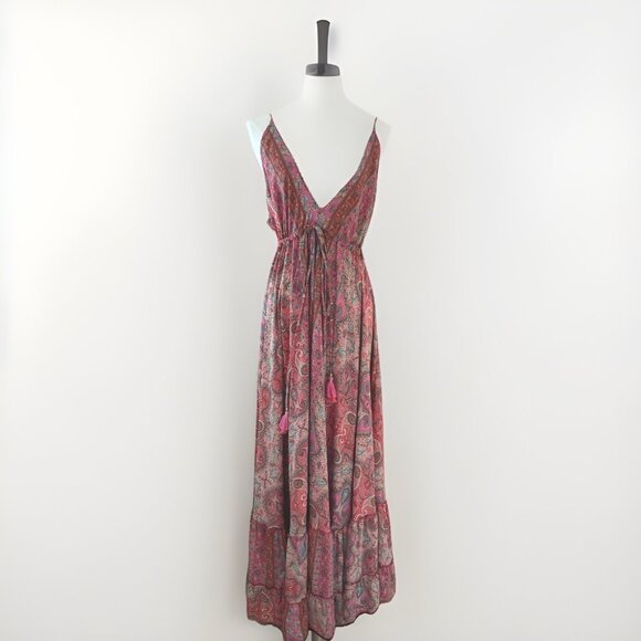 Silk Blend Maxi Dress OSFM Colorful Paisley Tiered Empire Waist Beach Fairy NWT - Picture 1 of 12